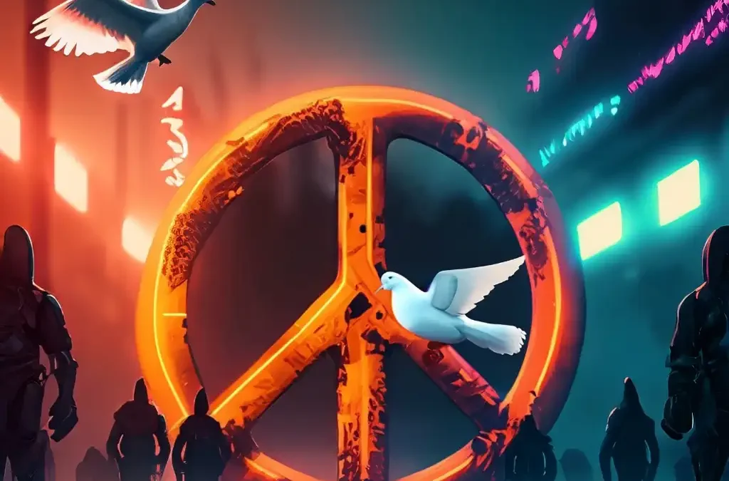 Mediation Peace Zeichen als urbane cyberpunk Darstellung in einer orangenem dunklen nebligen düsteren